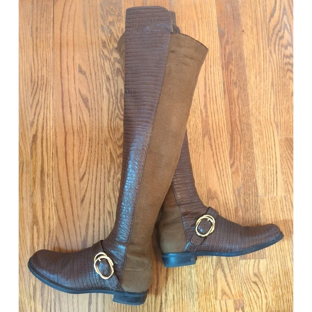 Stuart Weitzman Women SIELLA Croc Embossed Leather Over Knee Boots Coffee 6 M